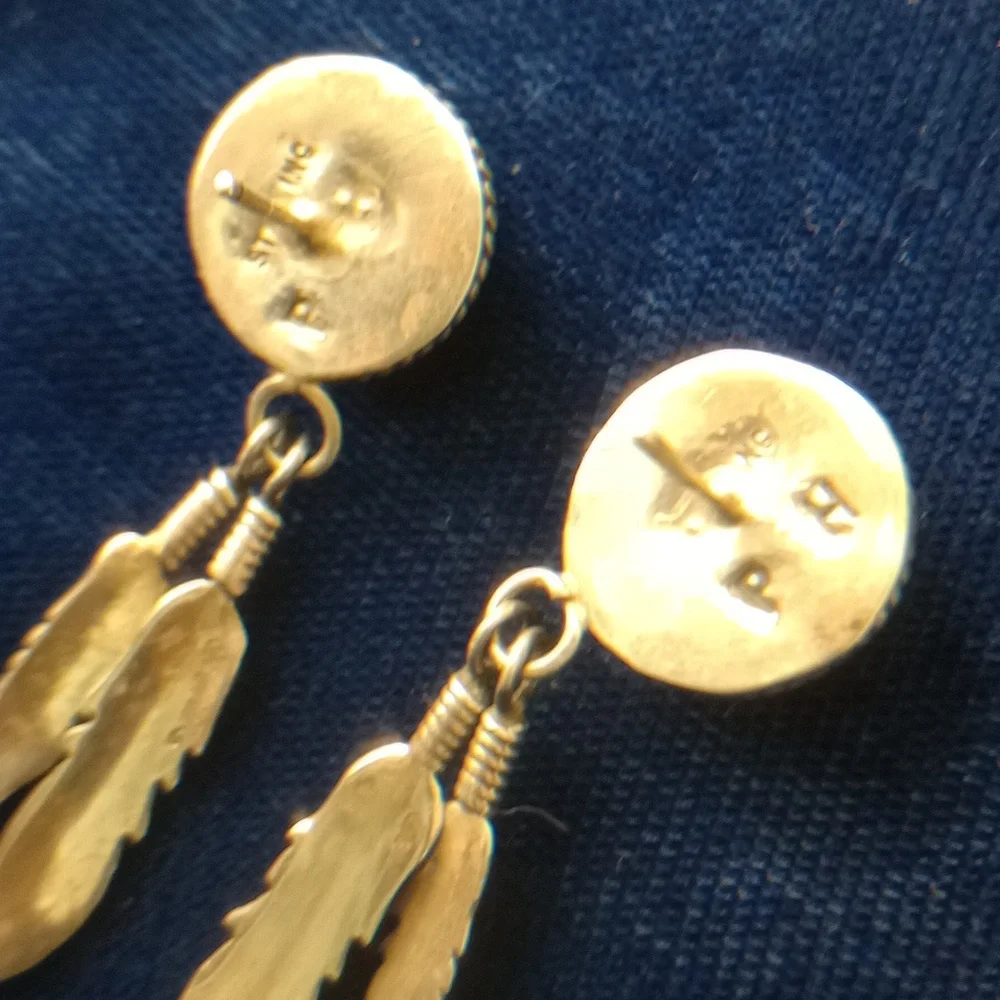 Sterling Silver Feather Earrings with SunFace Multicolor Inlay Studs Signed PH - Picture 7 of 15